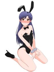  animal_ears bare_shoulders black_leotard blue_hair blush bow bowtie brown_eyes closed_mouth detached_collar fake_animal_ears fake_tail female flat_chest full_body high_heels highres idolmaster idolmaster_(classic) kisaragi_chihaya leotard long_hair looking_at_viewer playboy_bunny rabbit_ears rabbit_tail simple_background sitting solo strapless strapless_leotard tail tmyk_765 traditional_bowtie wariza white_background wrist_cuffs 