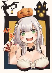  adapted_costume blush bodice breasts center_frills cleavage commentary_request detached_collar dirndl fangs female fingernails frills german_clothes green_eyes grey_hair halloween highres hololive iketa_keiki jack-o&#039;-lantern long_fingernails long_hair looking_at_viewer nail_polish necktie official_alternate_costume official_alternate_hairstyle open_mouth red_necktie sharp_fingernails shirogane_noel shirogane_noel_(dirndl) smile solo straight_hair virtual_youtuber 