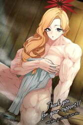  absurdres akemi_(blue_archive) alternate_costume biceps blonde_hair blue_archive breasts english_text female fluffy_hair grey_hair halo highres mole mole_under_eye muscular muscular_female onsen plumbum red_halo solo steam towel 