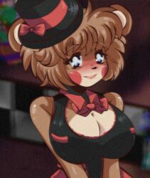  bear bear_girl big_breasts blue_eyes blush blushing bow bowtie breast brown_hair clothed clothing female female_only five_nights_at_freddy&#039;s five_nights_in_anime freddy_(fnaf) hands_together mairusu-paua no_bra top_hat 