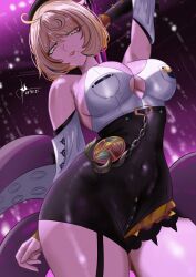  absurdres arm_up arms_behind_back arms_behind_head asymmetrical_shorts bare_shoulders black_hat blonde_hair breasts commentary_request cowboy_shot dated detached_sleeves female from_below garter_straps hat high-waist_shorts highres large_breasts lian_(pixiv_70201212) looking_at_viewer mole mole_under_mouth multicolored_hair purple_eyes shirt short_hair shorts signature single_garter_strap smile solo tentacle tentacle_girl tentacle_tail white_shirt yidhari_murphy zenless_zone_zero 