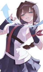  absurdres ahoge arrow_(symbol) belt black_gloves black_skirt blue_eyes braid breasts brown_hair chest_harness clothes_lift commentary_request female fingerless_gloves gloves hair_flaps harness highres kantai_collection l_meet lifting_own_clothes long_hair looking_at_viewer medium_breasts miniskirt necktie pleated_skirt red_necktie shigure_(kancolle) shigure_kai_san_(kancolle) shirt shirt_lift single_braid skirt sleeveless sleeveless_shirt smile solo two-tone_shirt white_belt 