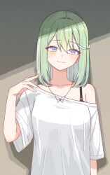  absurdres arm_at_side black_bra blush bra bra_peek brown_background butterfly_necklace commentary_request daltokki34 female green_eyes green_hair hand_up highres korean_commentary light_smile looking_at_viewer medium_hair multicolored_eyes multicolored_hair off-shoulder_shirt off_shoulder pink_pupils purple_eyes shirt short_sleeves single_bare_shoulder single_off_shoulder solo stellive straight-on straight_hair streaked_hair t-shirt two-tone_eyes underwear upper_body virtual_youtuber white_shirt white_streaks yuzuha_riko 