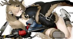  absurdres aercinae animal_ears antlers arknights bandaid bandaid_on_knee bandaid_on_leg belt belt_collar black_belt black_bow blonde_hair botani_(arknights) bow chains chest_belt collar commentary cross cross_earrings deer_antlers deer_ears deer_girl dress earrings english_commentary expressionless female flower fur-trimmed_jacket fur-trimmed_shorts fur-trimmed_socks fur_trim gloves hair_flower hair_ornament hairbow highres holding holding_staff horns jacket jewelry looking_at_viewer mismatched_earrings red_belt red_gloves shorts staff yellow_eyes zipper zipper_dress 