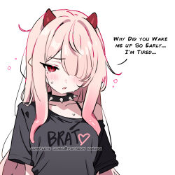  black_choker black_shirt blush breasts choker clothes_writing collarbone commentary english_commentary english_text female hair_over_one_eye heart highres indie_virtual_youtuber iomaya_(vtuber) long_hair mole mole_under_eye nixeu one_eye_covered open_mouth paid_reward_available pink_eyes pink_hair print_shirt shirt short_sleeves simple_background sleepy solo speech_bubble spiked_choker spikes squeans sweat t-shirt virtual_youtuber white_background 