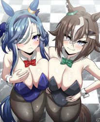  2girls absurdres admire_groove_(umamusume) ahoge alternate_costume animal_ears asymmetrical_docking bare_shoulders black_leotard black_pantyhose blue_eyes blue_hair blue_leotard blush bow bowtie breast_press breasts brown_hair cleavage closed_mouth color_neko commentary_request detached_collar ear_covers frown green_bow green_bowtie hair_ornament hair_over_one_eye hairband heterochromia highres horse_ears horse_girl horse_tail large_breasts leotard looking_at_viewer mole mole_under_mouth multicolored_hair multiple_girls nontraditional_playboy_bunny oerba_yun_fang pantyhose playboy_bunny purple_eyes red_bow red_bowtie rulership_(umamusume) short_hair short_hair_with_long_locks skin_fang smile streaked_hair tail umamusume white_hair white_streaks white_wrist_cuffs wrist_cuffs 