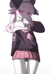  black_hat black_shirt blue_archive closed_mouth commentary female flower glowing glowing_eyes hair_ornament hand_up hat highres koharu_(blue_archive) long_hair long_sleeves looking_at_viewer low_twintails neckerchief off_shoulder pale_skin pink_eyes pink_hair pink_neckerchief pink_skirt pleated_skirt pupik rooftop sailor_collar school_uniform serafuku shirt skirt sleeves_past_wrists solo twintails untranslatable_commentary white_background white_sailor_collar 