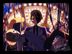 2boys absurdres black_blood black_pants blonde_hair blood blood_from_forehead blue_eyes blue_shirt carousel carrying chariot collared_shirt colored_blood commentary_request dual_persona empty_eyes esse_series griffin_stewart highres horse lapels male_focus mitsudomoe_koubou multiple_boys one_eye_covered oshi_no_taisetsuna_hito_ni_narikawaru pants pixel_art princess_carry second-party_source shirt unconscious wire 