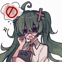  :d @_@ ahoge censored chinese_commentary commentary_request confessions_of_a_rotten_girl_(vocaloid) cross_hair_ornament female fujoshi green_hair hair_ornament hatsune_miku oerba_yun_fang purple_eyes simple_background smile solo sweat teardrop-framed_glasses twintails upper_body vocaloid white_background xianen16437 yaoi_(object) 