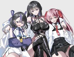  3girls absurdres belt between_breasts black_belt black_boots black_hair black_shorts boots breasts chain_leash chains colored_inner_hair commentary_request crossed_legs earrings goddess_of_victory:_nikke hair_between_eyes hair_ribbon highres jacket jewelry kasuga_kaya korean_commentary large_breasts leash leather_bikini long_hair mihara_(nikke) mole mole_under_eye mole_under_mouth multicolored_hair multiple_girls pink_hair purple_eyes purple_hair purple_jacket ribbon shirt short_hair short_shorts shorts smile strap_between_breasts syuen_(nikke) thigh_boots thighs triangle_earrings twintails wardress_(nikke) white_background white_shirt yuni_(nikke) 
