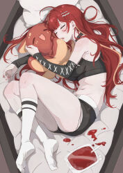  absurdres akane_lize bare_legs belt black_choker black_shorts black_sleeves black_sports_bra blonde_streaks blood blood_bag blush breasts choker closed_eyes commentary_request cross-laced_clothes cross-laced_sleeves detached_sleeves female fetal_position fingernails full_body hair_ornament hair_spread_out hairclip highres hugging_object in_coffin kneehighs korean_commentary large_breasts long_hair long_sleeves lying micro_shorts multicolored_hair nail_polish navel no_shoes open_mouth pale_skin pienna_(akane_lize) purucon red_hair red_nails shorts sleeping socks solo sports_bra stellive stomach streaked_hair stuffed_animal stuffed_toy thighs torn_clothes torn_shorts vampire virtual_youtuber white_belt white_socks 