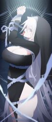  arms_up azur_lane black_dress blue_ribbon bound bound_wrists breasts cleavage commentary_request cowboy_shot cross dress fancy_(azur_lane) female from_side grey_eyes grey_hair grey_ribbon hair_between_eyes highres kaerunrun large_breasts latin_cross long_hair long_sleeves long_tongue looking_at_viewer nun open_mouth own_hands_together pelvic_curtain praying restrained ribbon side_slit sideways_glance solo tongue tongue_out torn_clothes torn_dress veil very_long_hair 