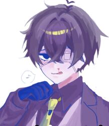  1boy blood blue_eyes blue_gloves commentary_request esse_series eyepatch formal_clothes gloves hyoutenka_30-do_no_zetsubou jacket lapels licking_blood male_focus masyuteira necktie nosebleed portrait purple_hair purple_jacket purple_shirt shirt simple_background solo white_background xx_(esse_series) 