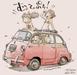  3girls animal arm_up bikini black_eyes black_hair blue_bikini blue_shorts bow brown_dog brown_hair canine car closed_eyes clothes_writing commentary dated driving fiat fiat_multipla flat_chest floating_hair hairbow italian_flag jewelry leaning_forward midriff motor_vehicle multiple_girls navel necklace open_mouth open_roof_top original ponytail red_background red_bikini red_bow red_car sekihan shading_eyes short_shorts shorts signature simple_background smile standing star_(symbol) strapless strapless_bikini striped_bikini striped_clothes sunroof swimsuit teeth through_sunroof upper_teeth_only vehicle_name wristband 