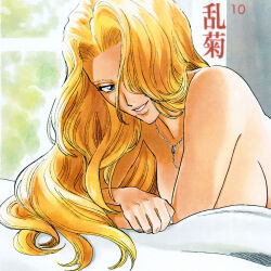  bed bed_sheet bleach blonde_hair blue_hair breasts commentary_request female highres jewelry large_breasts lips lipstick long_hair makeup matsumoto_rangiku mole mole_under_mouth necklace on_bed silverwoodwork smile solo very_long_hair 