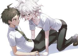  2boys :d ahoge all_fours black_pants blush collared_shirt danganronpa_(series) danganronpa_2:_goodbye_despair green_necktie highres hinata_hajime komaeda_nagito male_focus multiple_boys necktie pants reclining shirt short_sleeves simple_background smile sslloowwll t-shirt v-shaped_eyebrows white_background white_shirt yaoi 