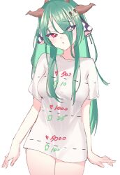  absurdres animal_ears breasts coffin_hair_ornament colored_sclera commentary cow_ears cow_girl cow_horns crelly crelly_(mold_mother) english_commentary female green_hair grey_eyes grey_sclera hair_over_one_eye heterochromia highres horns indie_virtual_youtuber long_hair miname_(miname21) mismatched_sclera mole mole_under_mouth open_mouth red_eyes solo thighs twitter_strip_game virtual_youtuber white_background 