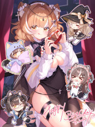  5girls :q absurdres akovo animal_collar animal_ear_fluff animal_ears belt black_bow black_dress black_hat black_thighhighs bow bowtie breasts brown_hair chibi cleavage closed_mouth clothing_cutout collar commentary cross dress hair_ornament happy_birthday hat highres holding long_hair looking_at_viewer medium_breasts multicolored_hair multiple_girls one_eye_closed original outline pelvic_curtain red_collar single_thighhigh streaked_hair tail thigh_belt thigh_strap thighhighs tongue tongue_out untranslatable_commentary white_hair window witch_hat 