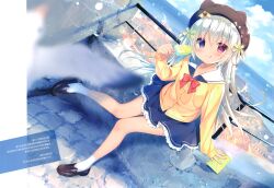  absurdres bird black_hat black_shoes blue_skirt blush bow bowtie buttons cityscape cloud collarbone female food frilled_skirt frills futaba_miwa green_bow hairbow hat heterochromia highres holding holding_food holding_ice_cream house ice_cream kokoro_(futaba_miwa) letter licking_lips long_hair long_sleeves looking_at_viewer miniskirt ocean original railing red_bow red_bowtie sailor_collar shirt shoes sitting skirt sky socks solo tongue tongue_out translation_request white_sailor_collar white_socks yellow_shirt 