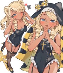  black_leotard black_thighhighs blonde_hair blue_eyes blue_nails blush breasts cleavage commentary_request covered_navel cross dark_skin drill_hair earrings female frills garter_straps gyaru_sister-chan_(saba_mizore) high_heels highres jewelry leotard looking_at_viewer maruno_zzz medium_breasts mole mole_under_eye multiple_drills multiple_views necklace nun nun_headdress one_eye_closed own_hands_together smile solo thighhighs tongue tongue_out torimazange two_side_up 