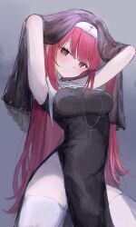  akane_lize arms_up black_dress black_veil breasts closed_mouth commentary cowboy_shot cross cross_necklace dress expressionless female grey_background grey_eyes guimpe highres impossible_clothes impossible_dress jewelry large_breasts legs_apart long_hair looking_at_viewer looking_down nari_(nctr0o) necklace nun red_eyes side_slit solo standing stellive straight_hair thighhighs veil very_long_hair virtual_youtuber white_thighhighs 