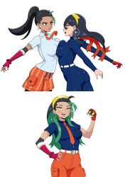  3girls :d absurdres ass belt black_hair blue_jacket blue_pants breast_pocket breast_press breasts carmine_(pokemon) collared_shirt commentary commission dragon_ball dragon_ball_z earrings eyelashes fingerless_gloves freckles fusion ginyu1992 gloves hairband highres holding holding_poke_ball jacket jewelry long_sleeves multiple_girls necktie nemona_(pokemon) open_mouth orange_necktie orange_shorts pants pocket poke_ball pokemon pokemon_scarlet_and_violet ponytail potara_earrings red_gloves shirt shorts single_glove smile symmetrical_docking ultra_ball white_belt white_shirt yellow_eyes yellow_hairband 