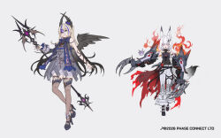  2026 2girls animal-themed_weapon animal_ears aqua_eyes armlet armor armored_leotard bandaged_ear bare_shoulders bell-bottoms belly_chain belt belt_boots black_belt black_boots black_eyes black_hair black_leotard black_tail black_thighhighs black_wings blonde_hair blue_bow blue_ribbon boots bow bowtie breastless_clothes breastless_leotard breastplate cape charm_(object) chest_sarashi claw_(weapon) commentary_request copyright_logo copyright_notice creature cross cross-laced_pants crown detached_sleeves dress fire flying fox_ears fox_girl fox_tail full_body gradient_hair gradient_tail hair_between_eyes hair_ornament head_wings high_collar holding holding_polearm holding_weapon huge_bowtie huge_weapon jewelry lanyard leotard lightning_bolt_print logo long_hair looking_at_viewer mini_crown multicolored_hair multiple_girls nia_(cyann_00) notched_ear o-ring o-ring_thigh_strap official_alternate_costume official_art open_mouth pants phase_connect platform_shoes polearm purple_bow purple_bowtie purple_crown purple_eyes purple_shoes purple_streaks red_cape ribbon rinkou_ashelia rinkou_ashelia_(pride) sarashi see-through_clothes see-through_dress seven_deadly_sins shoes short_hair simple_background single_detached_sleeve single_wing single_wrist_cuff sleeveless sleeveless_dress smirk snake_armband sparkle_hair_ornament spear spikes standing straight-on streaked_hair tail teeth tenma_maemi tenma_maemi_(wrath) theo_(tenma_maemi) thigh_strap thighhighs torn_cape torn_clothes v-shaped_eyebrows virtual_youtuber waist_cape weapon white_background white_hair white_pants white_tail wing_hair_ornament wings wrist_cuffs 