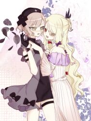  2girls arm_belt black_dress black_gloves blonde_hair bow commentary_request cross cross_ornament dress dxqkkkk eyepatch gloves hair_ornament hairbow hat highres long_hair magical_girl mahou_shoujo_ikusei_keikaku mahou_shoujo_ikusei_keikaku_restart multiple_girls nurse_cap open_mouth pfle pink_bow purple_bow red_eyes shadowgale short_hair smile yellow_eyes yuri 