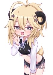  ahoge antenna_hair black_horns blonde_hair blush breasts chains collared_shirt commentary commission cowboy_shot crop_top cross denim denim_shorts female grey_eyes hair_between_eyes hair_ornament hand_on_own_leg hand_to_own_mouth hand_up hand_wave highres horns leaning_forward mesugaki mesugaki_pose midriff navel open_mouth original pentagram pentagram_hair_ornament pixiv_commission pointy_ears punk sheep_horns sheep_tail shirt short_hair short_shorts shorts simple_background small_breasts smug solo spikes studs tail takatsurt white_background white_shirt 