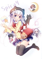  4girls :d absurdres bag bell black_cat black_hat black_shoes black_thighhighs blue_bow blue_skirt blush bow bowtie buttons character_request chibi collarbone copyright_request drum drumsticks feline frilled_skirt frills futaba_miwa hair_bell hair_ornament hairclip hat hat_bow heterochromia highres holding holding_drumsticks holding_instrument holding_trumpet instrument kokoro_(futaba_miwa) letter long_hair long_sleeves miniskirt multiple_girls multiple_hairclips open_mouth original pleated_skirt purple_eyes red_bag red_bow red_bowtie red_eyes sailor_collar shirt shoes shoulder_bag simple_background skirt smile star_(symbol) star_hair_ornament striped_bow stuffed_animal stuffed_toy teddy_bear thighhighs treble_clef trumpet very_long_hair white_background white_sailor_collar yellow_shirt 