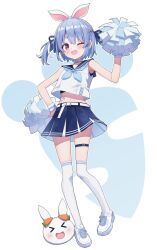  :d ;d animal_ears bare_arms bare_shoulders belt blue_hair blue_neckerchief blue_ribbon blue_sailor_collar blue_skirt blush carrot_hair_ornament cheerleader choker commentary_request double_horizontal_stripe female food-themed_hair_ornament full_body hair_ornament hair_ribbon highres holding holding_pom_poms hololive kaie looking_at_viewer midriff miniskirt navel neckerchief one_eye_closed open_mouth outline pleated_skirt pom_pom_(cheerleading) rabbit_ears rabbit_girl red_eyes ribbon sailor_collar shirt shoes short_hair skirt sleeveless sleeveless_shirt smile sneakers solo standing thick_eyebrows thigh_belt thigh_strap thighhighs usada_pekora virtual_youtuber white_belt white_choker white_outline white_shirt white_shoes white_thighhighs wristband 