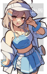  :d belt bike_shorts bike_shorts_under_skirt blue_shirt blue_skirt blush border breasts bright_pupils brown_hair commentary_request cowboy_shot crop_top cropped_shirt female grey_background hair_ornament hairclip halterneck hand_up highres jacket looking_at_viewer medium_breasts midriff miniskirt navel oerba_yun_fang off_shoulder open_clothes open_jacket open_mouth orange_eyes original outside_border parallel_hairclips pleated_skirt shirt short_hair sidelocks simple_background skirt smile solo tetenka white_belt white_border white_jacket white_pupils 