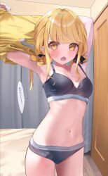  absurdres armpits arms_up bed black_bra black_panties black_ribbon blonde_hair blush bra braid breasts cleavage collarbone commentary_request curtains door embarrassed eureka_814 facing_viewer female fujita_kotone gakuen_idolmaster hair_ribbon highres idolmaster legs_apart looking_at_viewer medium_hair navel open_mouth panties ribbon ribs shirt shirt_over_head small_breasts solo speech_bubble stomach t-shirt translated twin_braids underwear underwear_only undressing yellow_eyes yellow_shirt 