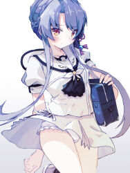  akayama_yukihe arm_at_side ascot bag black_ascot blue_bag blue_hair blush bow braid cameltoe closed_mouth clothes_lift commentary cowboy_shot crotch_seam female frilled_panties frills hair_bun highres leg_up long_sidelocks looking_at_viewer miniskirt panties pantyshot pink_eyes puffy_short_sleeves puffy_sleeves sailor_collar school_bag school_uniform serafuku shirt short_sleeves shoulder_bag sidelocks simple_background single_hair_bun skirt skirt_lift solo sorakado_ao summer_pockets underwear white_background white_bow white_panties white_sailor_collar white_serafuku white_shirt white_skirt wind wind_lift 