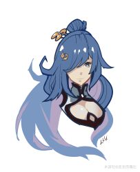  absurdres black_hair blue_eyes breasts cleavage cleavage_cutout closed_mouth clothing_cutout cropped_torso female fu_hua fu_hua_(azure_empyrea) hair_ornament hair_over_one_eye highres honkai_(series) honkai_impact_3rd long_hair looking_at_viewer simple_background smile solo upper_body very_long_hair white_background ya_bo_kelong_bi 