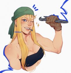  arm_up artist_name biceps blonde_hair blue_eyes breasts brown_gloves cleavage commentary cropped_arm cropped_torso ear_piercing earrings english_commentary female flexing fullmetal_alchemist gloves hair_over_breasts highres holding holding_wrench jewelry long_hair medium_breasts mouth_hold muscular muscular_female notice_lines one_eye_closed piercing screw simple_background solo sparkle teeth valentina_tavolilla white_background winry_rockbell wrench 