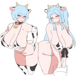  2girls absurdres angela_(project_moon) animal_ears animal_print bell bikini black_bow blue_hair bow breasts bucket collar cow_ears cow_horns cow_print cow_print_bikini cow_print_gloves cow_print_thighhighs cowbell cowboy_shot dual_persona gloves gya_rb highres holding holding_bucket horns huge_breasts library_of_ruina lobotomy_corporation long_hair looking_at_viewer multiple_girls one_side_up parted_bangs print_bikini print_gloves print_thighhighs project_moon red_collar sidelocks swimsuit thighhighs very_long_hair 