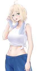  :d absurdres ahoge azur_lane banba_(jakqbigone) bare_arms bare_shoulders bataan_(azur_lane) blonde_hair blue_eyes blue_pants breasts female hand_up highres large_breasts looking_at_viewer midriff navel open_mouth pants shirt short_hair simple_background sleeveless sleeveless_shirt smile solo stomach towel towel_around_neck upper_body white_background white_shirt 