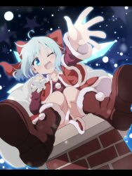  ;d aqua_eyes aqua_hair bag blue_eyes blush boots bow bowtie brick chimney christmas cirno commentary_request do_(4-rt) female fur-trimmed_boots fur-trimmed_sleeves fur_trim hairbow highres letterboxed looking_at_viewer one_eye_closed open_mouth outstretched_arm partial_commentary red_bow red_bowtie red_footwear sack santa_costume shoe_soles short_hair sky smile snow snowing solo star_(symbol) touhou 