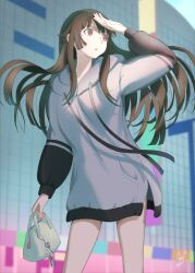  arm_up bag blunt_ends blurry blurry_background brown_hair collarbone dated eyelashes feet_out_of_frame female grey_hoodie handbag holding hood hood_down hoodie huumoon long_hair long_sleeves looking_to_the_side monogatari_(series) nail_polish official_alternate_costume open_mouth outdoors pink_nails puffy_sleeves red_eyes senjougahara_hitagi sidelocks signature solo standing thighs 