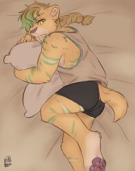  anthro bed braided_hair braided_ponytail clothed clothing digital_media_(artwork) fangs felid fur furniture green_hair hair hi_res hug hugging_object hugging_pillow looking_at_viewer lying lying_on_bed male mammal maxwtv muscular muscular_male neo_von_reinherz on_bed on_side paws pillow ponytail prehistoric_species saber-toothed_tiger sabertooth_(anatomy) shirt simple_background solo tail tank_top teeth topwear underwear yellow_body yellow_eyes yellow_fur 