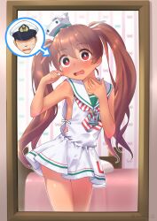  brown_eyes brown_hair dark-skinned_female dark_skin dress female hair_ribbon hat highres izumikuma kantai_collection libeccio_(kancolle) long_hair looking_at_mirror mini_hat mirror open_mouth personality_switch reflection ribbon sailor_dress short_dress sleeveless sleeveless_dress speech_bubble twintails 