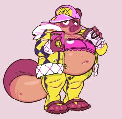  2022 animal_crossing anthro belly beverage big_belly biped bottomwear bra brown_body bulge canid canine cellphone clothed clothing coffee crossdressing electronics feet femboy footwear hat headgear headwear jacket male mammal mostly_nude nintendo overweight overweight_anthro overweight_male phone pink_clothing pink_hat pink_headwear raccoon_dog sandals smartphone solo standing submarine_screw tanuki tom_nook_(animal_crossing) topwear underwear yellow_clothing 