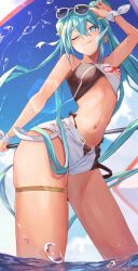  absurdres adapted_costume adjusting_eyewear aqua_eyes aqua_hair arched_back bare_arms bikini bikini_under_shorts bird blue_sky breasts cloud contrapposto double_bun eyewear_on_head fisheye flag hair_bun hatsune_miku highleg highleg_bikini highres holding holding_flag inubangarou leglet lens_flare long_hair looking_at_viewer medium_breasts midriff narrow_waist navel ocean one_eye_closed racing_miku racing_miku_(2023) scrunchie sea_spray seagull short_shorts shorts sky smile sparkle sunglasses swimsuit tan thick_thighs thighs toned_female tongue tongue_out twintails two-tone_bikini very_long_hair vocaloid wading water_drop wavy_mouth white_shorts wrist_scrunchie 