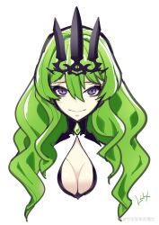  absurdres breasts cleavage cleavage_cutout closed_mouth clothing_cutout cropped_torso crown dress female green_hair grey_eyes highres honkai_(series) honkai_impact_3rd long_hair looking_at_viewer medium_breasts mobius_(honkai_impact) simple_background slit_pupils smile solo upper_body wavy_hair white_background white_dress ya_bo_kelong_bi 