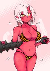  absurdres animal_print bare_shoulders bikini blush breasts club_(weapon) collarbone colored_skin english_commentary eyelashes female hair_between_eyes highres holding holding_weapon kind_(latd) large_breasts long_hair monster_girl navel oerba_yun_fang oni original pink_background pointy_ears red_skin shiny_skin simple_background skin_fang skindentation solo spiked_club standing sweat swimsuit tiger_print upper_body weapon white_hair yellow_eyes 