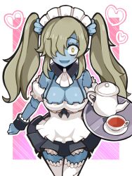  ascot black_wrist_cuffs blue_skin breasts cleavage colored_skin cup detached_collar disgaea eyelashes female hair_over_one_eye heart highres holding holding_tray large_breasts light_brown_hair long_hair looking_at_viewer maid maid_(disgaea) maid_headdress makai_senki_disgaea_5 open_mouth outline pointy_ears shiny_skin simple_background skirt smile solo standing stitches suaman teacup teapot thighhighs tray twintails white_ascot white_outline white_thighhighs wide-eyed wrist_cuffs yellow_eyes zombie 