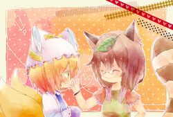  ! 2girls animal_ears bad_id bad_pixiv_id blonde_hair brown_hair chibi closed_eyes finger_to_another&#039;s_mouth fox_shadow_puppet fox_shadow_puppet_kiss fox_tail futatsuiwa_mamizou glasses hat heart heart_of_string kissing kissing_hand kojoko leaf leaf_on_head multiple_girls multiple_tails pince-nez polka_dot polka_dot_background raccoon_ears raccoon_tail short_hair smile tabard tail touhou yakumo_ran yellow_eyes yuri 