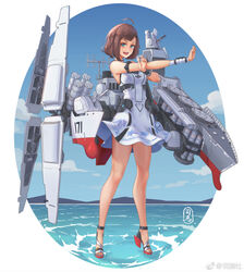  blue_eyes bob_cut brown_hair commentary_request dress female full_body haikou_(peoples_liberation_army_navy) high_heels highres legs looking_at_viewer ocean original outstretched_hand people&#039;s_liberation_army people&#039;s_liberation_army_navy personification rigging sandals signature sima_naoteng solo strappy_heels sundress type_052c_destroyer wrist_cuffs 