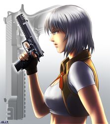  beretta_93r borrowed_character breasts cleavage commentary_request crop_top cropped_shirt dated extended_magazine female fingerless_gloves gloves grey_hair gun handgun holding holding_gun holding_weapon kamen_rider medium_breasts midriff original pixiv pixiv_rider_heroine short_hair solo taikyokuturugi trigger_discipline vest weapon 